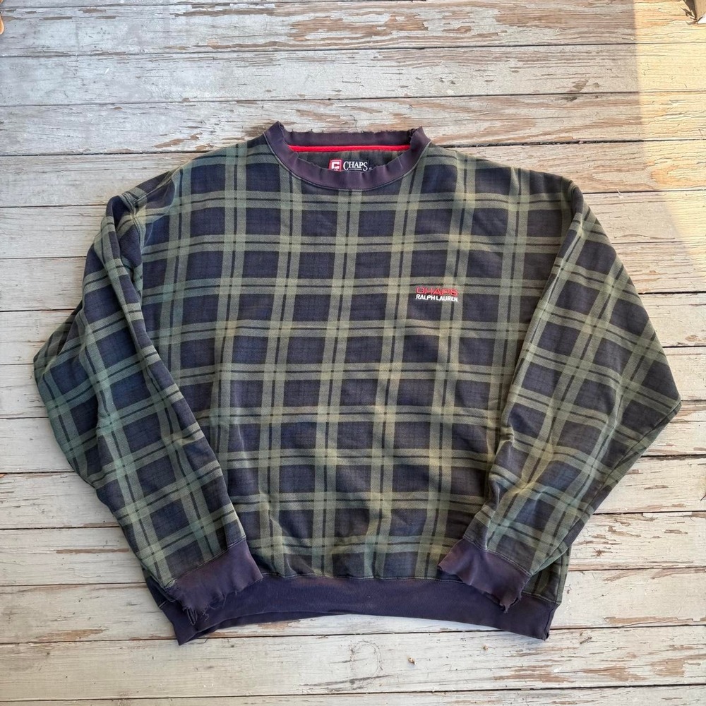 Vintage Chaps Ralph Lauren Black Watch Plaid Crewneck Sweatshirt XL Distressed